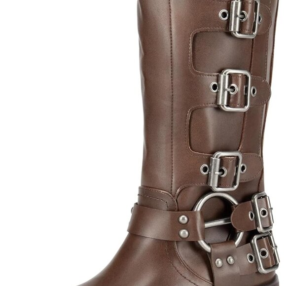 Women’s Tan Knee High Riding Boots with Zipper and Buckles - Picture 1 of 7